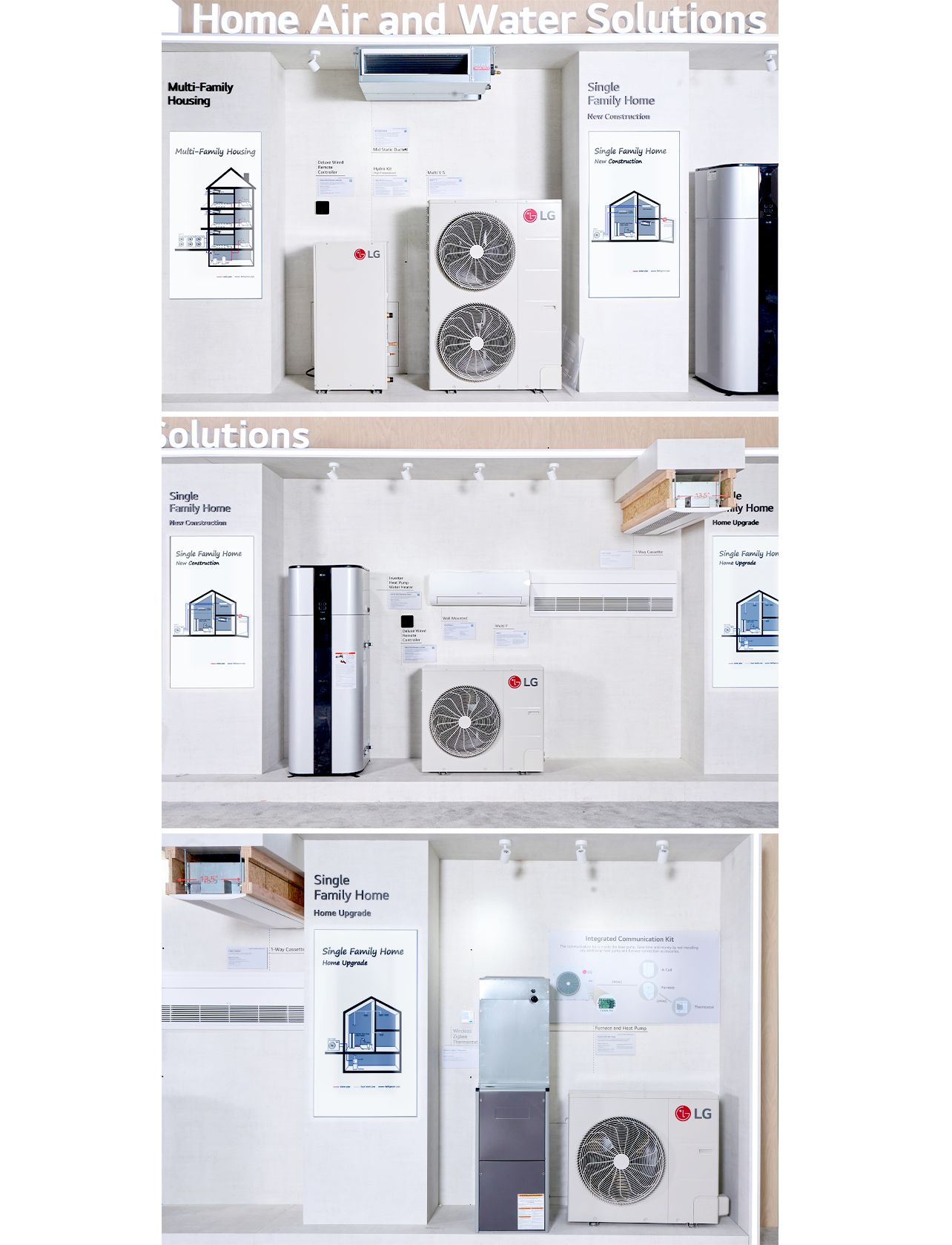 LG shows Home Air and Water Solutions in residential section including multi-family housing and single family home.