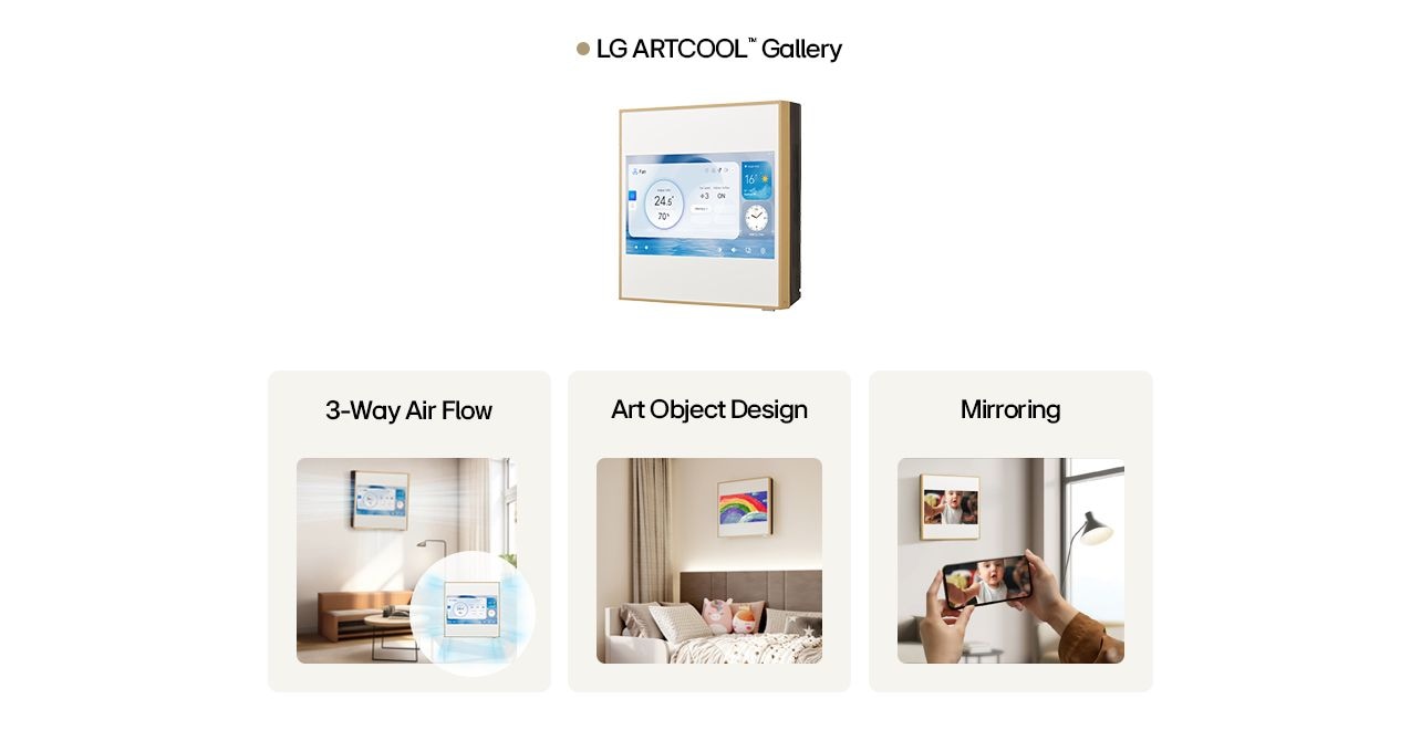 LG ARTCOOL Gallery AC with 3-way airflow, art object design, and mirroring capabilities. Premium home air conditioner.