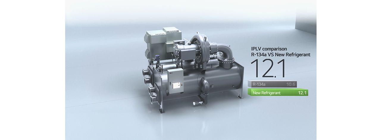 Chiller with a comparison showing the new refrigerant IPLV at 12.1 and R-134a at 10.6.