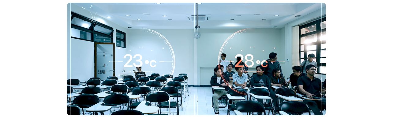 Classroom split by temperature: empty side at 23°C, occupied side with students at 28°C