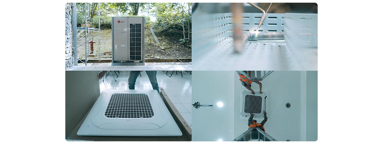 HVAC system stages: outdoor unit, technician wiring, ceiling vent, and wiring connections