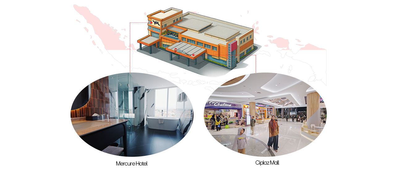 3D building render with orange-green facade, plus Mercure Hotel bathroom and Cipaku Mall interior photos