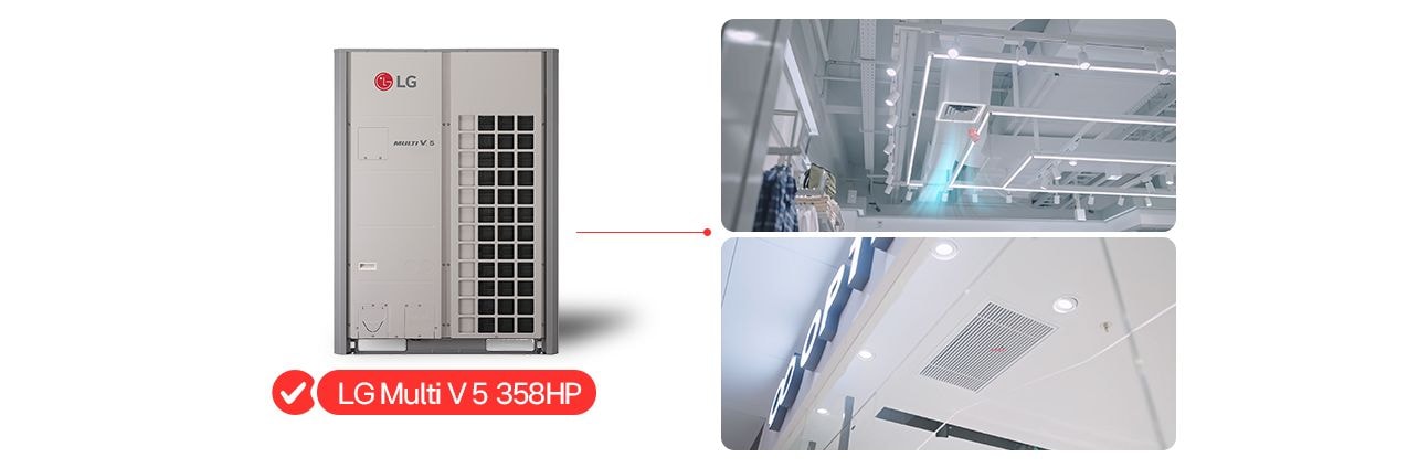 LG Multi V5 358HP unit with red line linking to two ceiling installs showing indoor HVAC integration