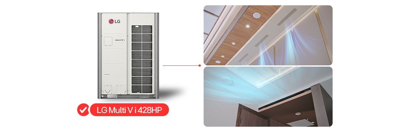LG Multi V i 428HP unit with red line linking to two ceiling installs showing air distribution in indoor spaces