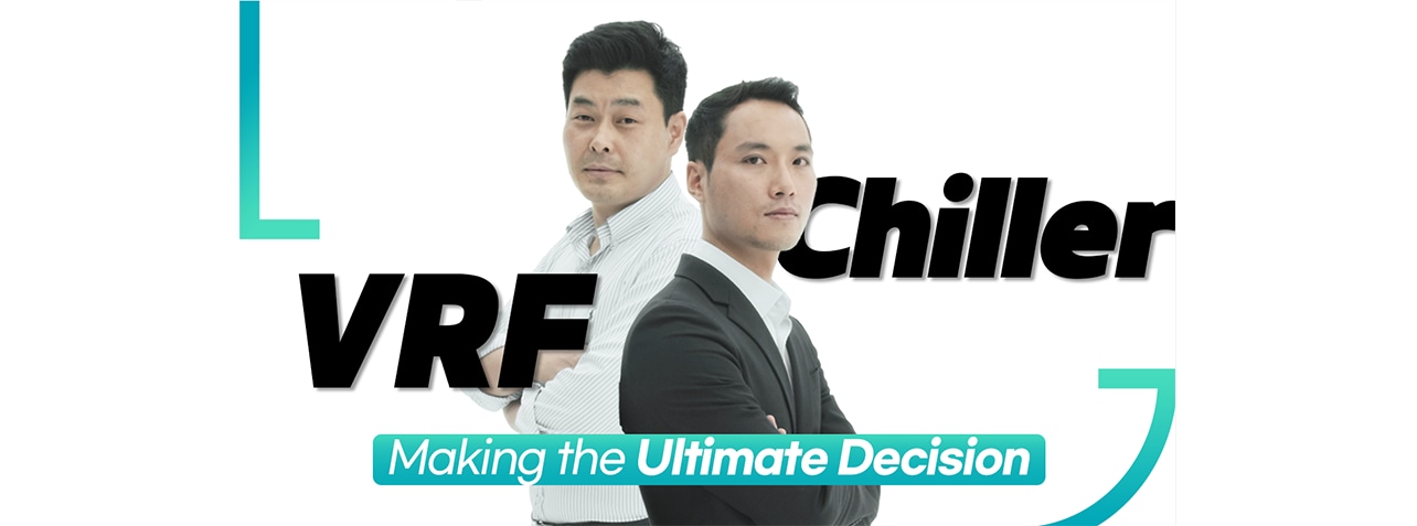 Two men are crossing their arms and turning their backs on each other. (text) VRF Chiller Making the Ultimate Decision