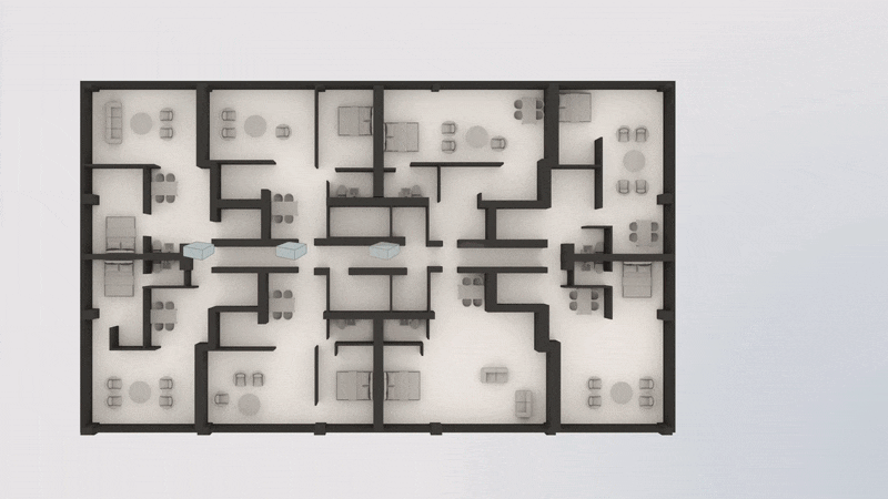 Diagram showing LG Multi V heat recovery system providing simultaneous heating and cooling in building floor plan