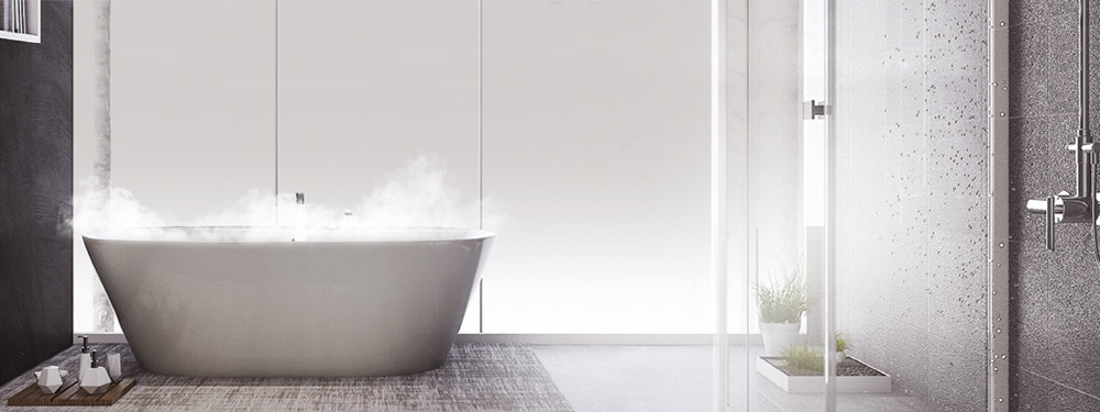 Bathroom interior with steam rising from a bathtub representing LG Hydro Kit providing hot water and heat recovery for residential applications
