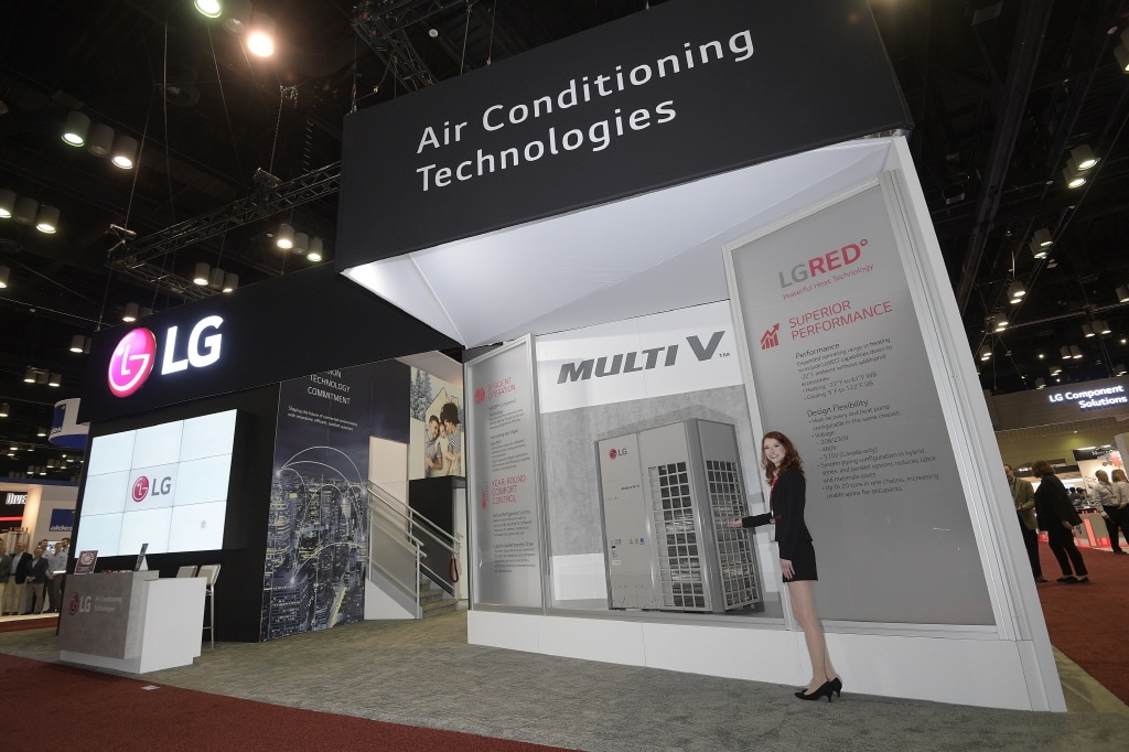 LG booth at AHR Expo 2020 showcasing Multi V and LG Red air conditioning technologies with product displays and visitors at the exhibition hall in Orlando
