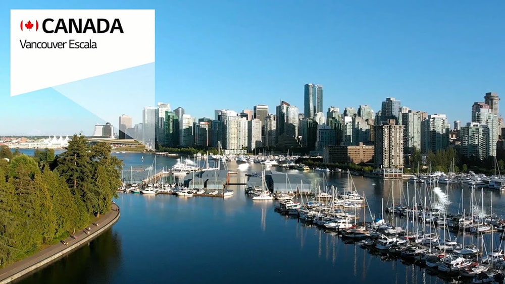 Aerial view of Vancouver waterfront with LG project location marker for Escala building in Canada