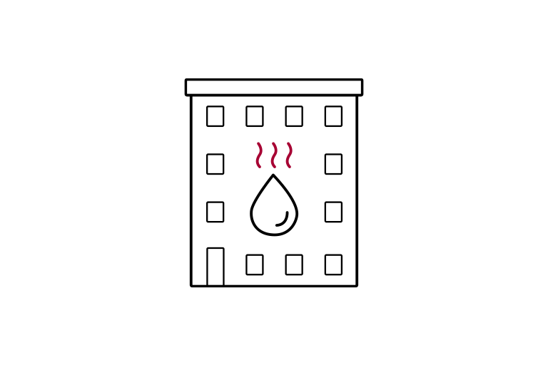 Light commercial building with water droplets and steam in the center representing heating functionality.