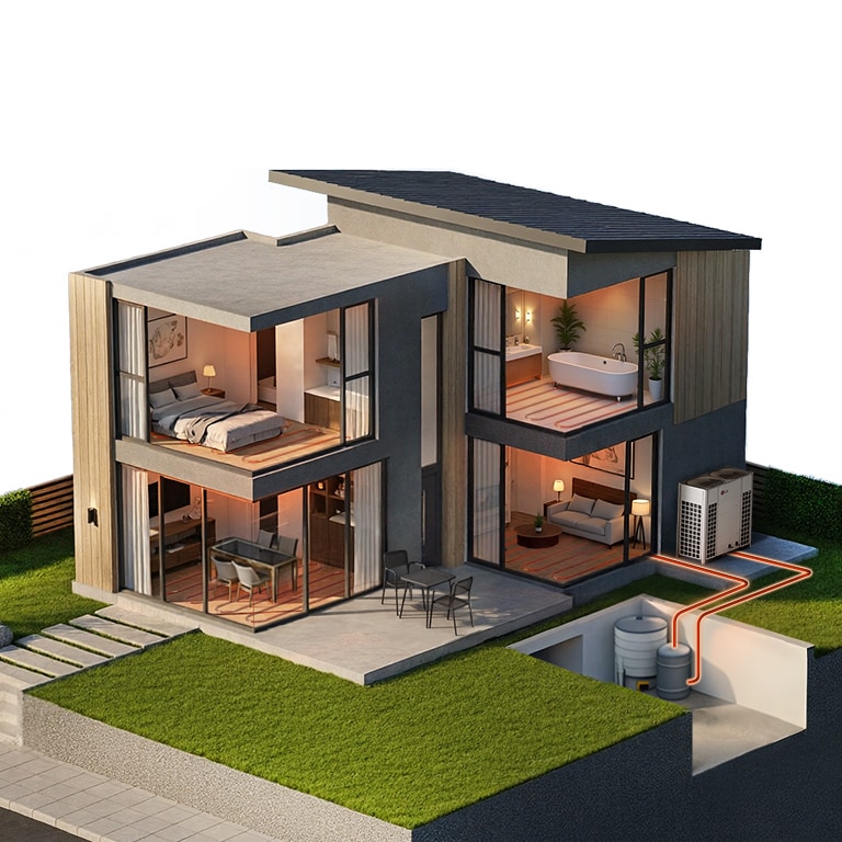 The 3D image of expansive multi-housing complex displaying R32 Monobloc 51kW structural integration.