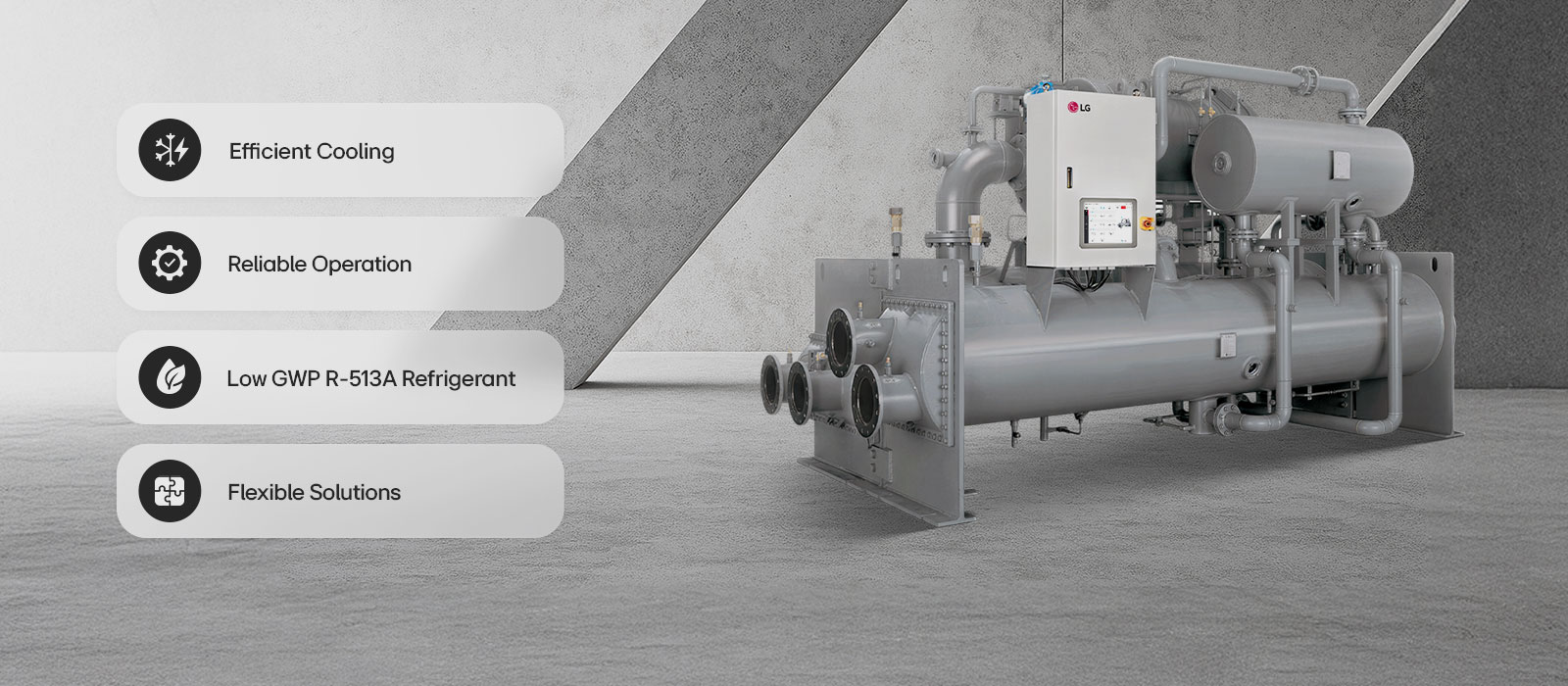 LG Centrifugal Chiller shown with USPs: Refrigerant, Efficient Cooling, Reliable Operation, and Flexible Solution.
