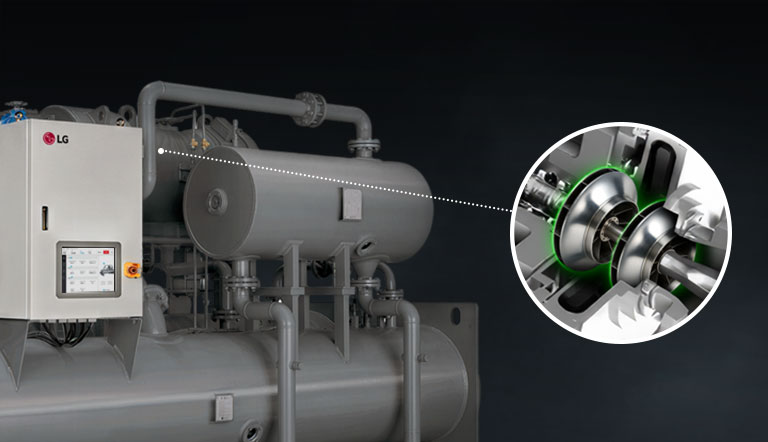 LG Centrifugal Chiller with emphasized two-stage compressor and impeller, highlighting efficient cooling performance.