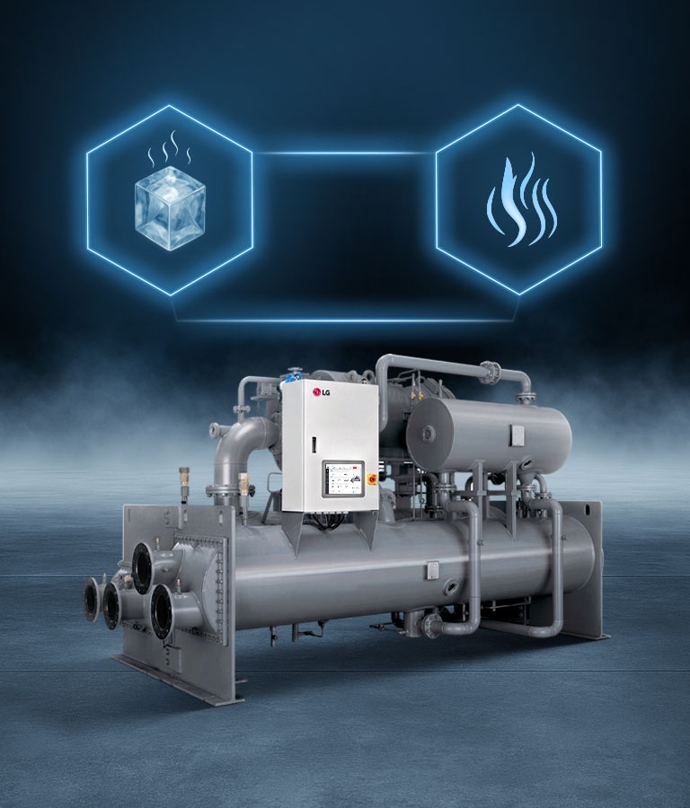 LG Centrifugal Chiller on cold surface, with ice icon on the left and heat pump icon on the right.