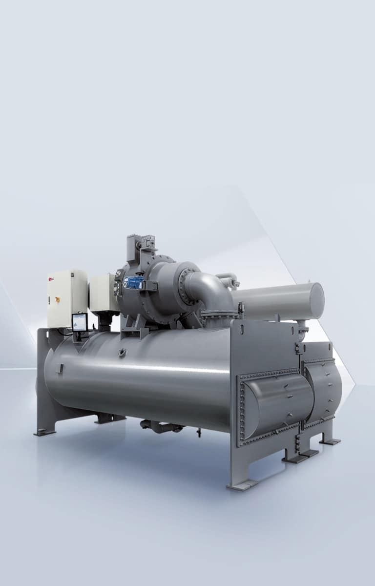 LG Oil-free Centrifugal Chiller placed in a light gray virtual space.