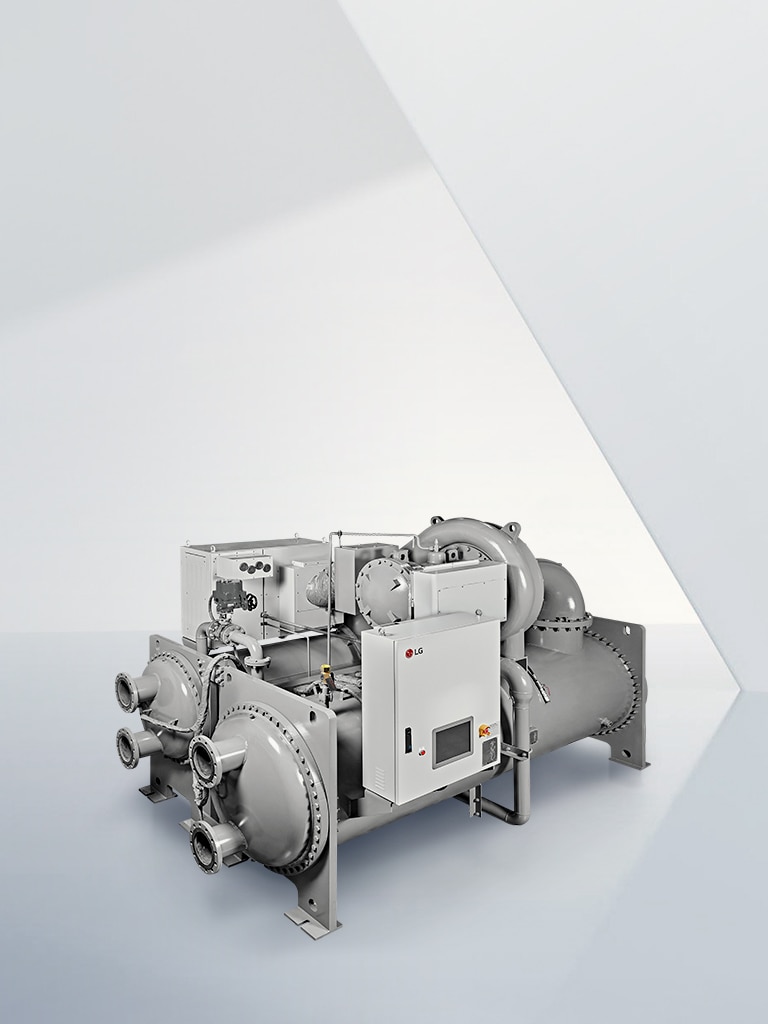 LG R-1233zd Oil-free Inverter Chiller placed in a light gray virtual space.