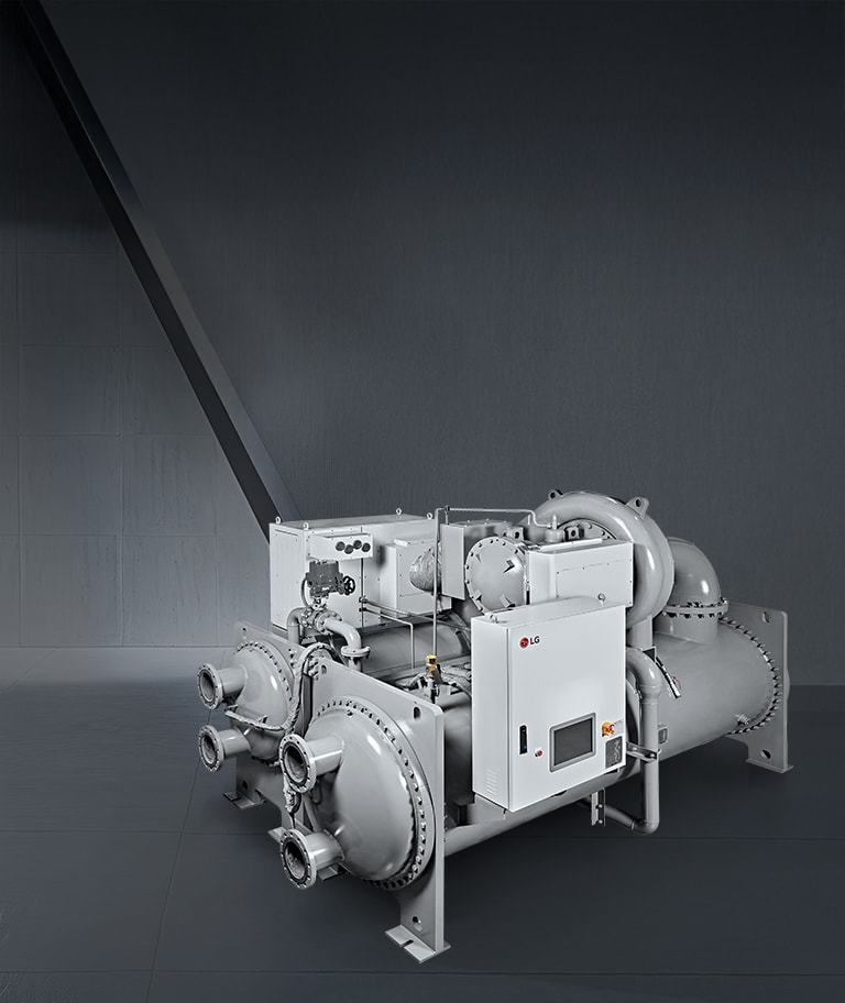 LG R-1233zd Oil-free Inverter Chiller in a sleek, industrial silver-toned virtual space.