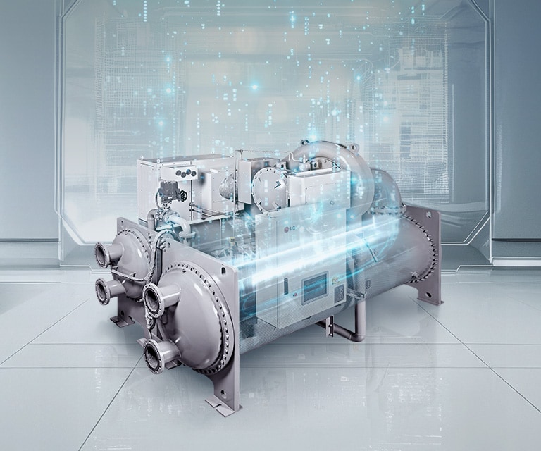 LG Oil-free Chiller in a research environment with machine learning-style visuals.