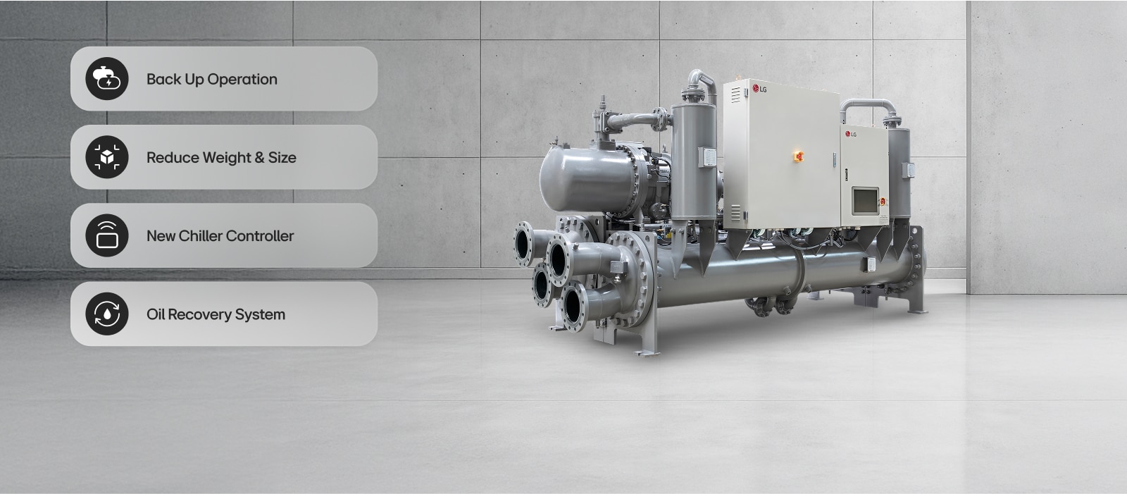 LG Water-cooled Screw Chiller shown in a virtual space with four key features summarized.