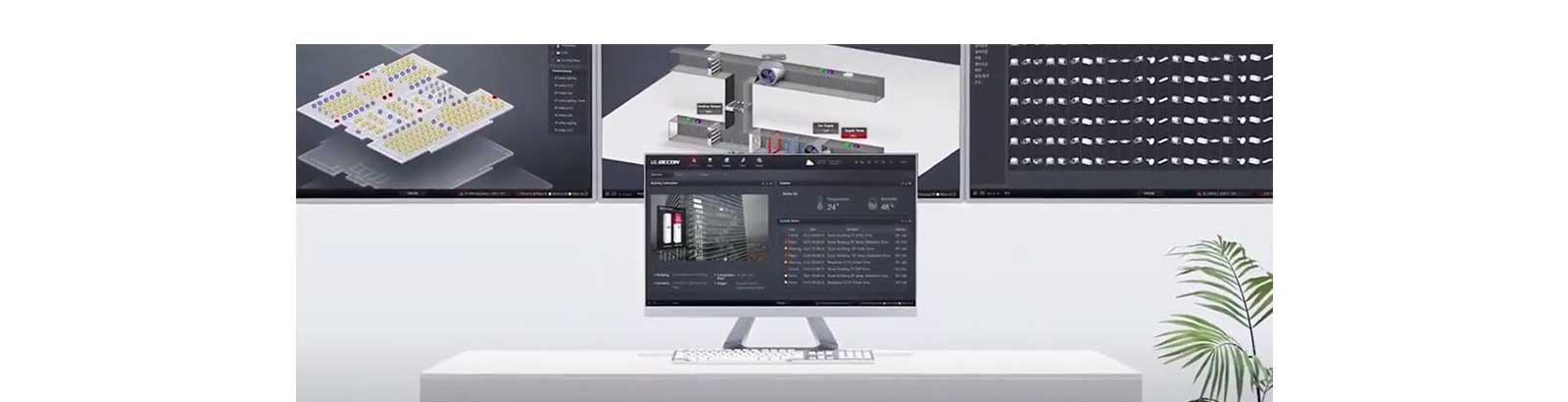 LG Total Management Service (TMS) interface displayed on multiple monitors for real-time HVAC monitoring. Showcases BECON cloud’s 24-hour remote management for predictive maintenance and control.