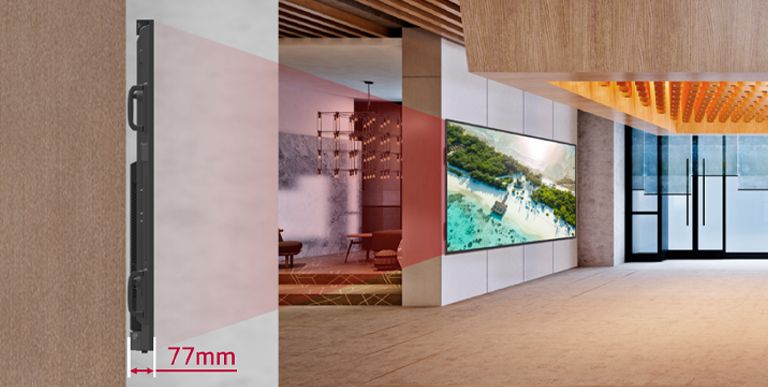 The 105BM5P is installed on the building's lobby wall, with an enlarged view of its side profile visible to the left.