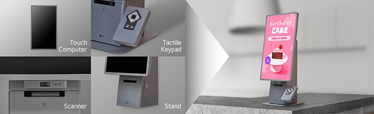 The LG Kiosk can be customized with various components, including a touch computer, tactile keypad, scanner, and stand.