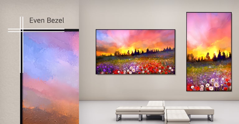 One UL5Q-E is mounted on the wall in landscape orientation, and the other in portrait orientation, with an enlarged image showing the uniform bezel thickness of the UL5Q-E