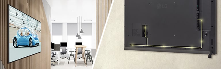 The UM5N-H with slim bezels is mounted close to the wall, showcasing a rear design that is optimized for space-saving with a simple cable management system.
