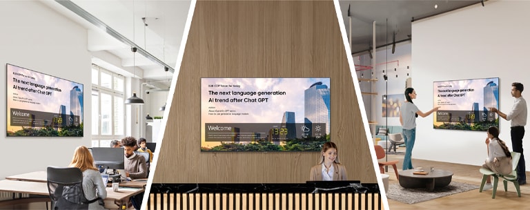 Company notices are uniformly displayed on screens in the office, lobby, and break areas.