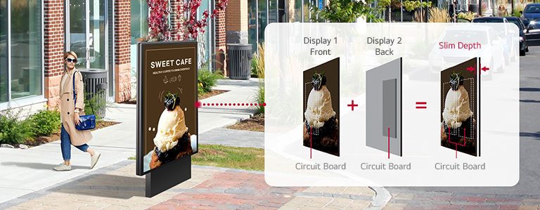 A double-sided display is set up on the street. The effective placement of the circuit board allows for a slim design of the double-sided display.