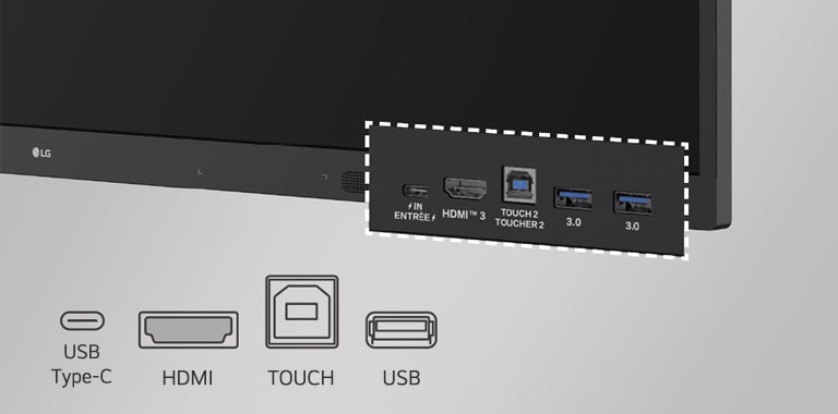 The LG smart board has front ports such as USB and HDMI.