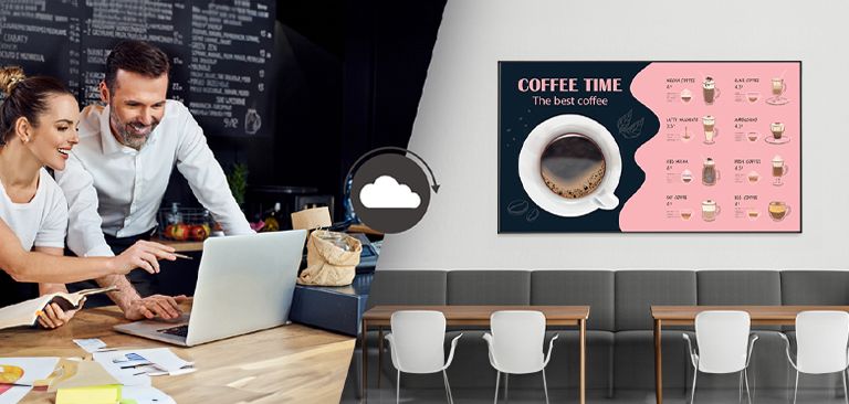 Cafe managers are creating menus that will be displayed on the display installed on the cafe wall using content management software.	