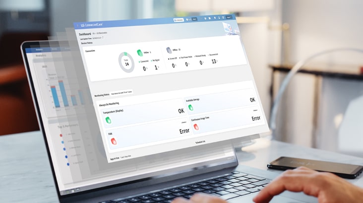 The LG ConnectedCare dashboard is displayed on the laptop screen.