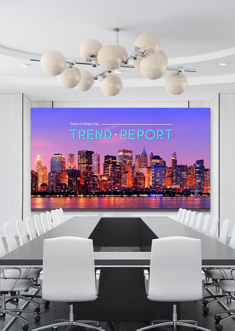 LG Indoor LED display installed in a modern conference room, showing a vivid cityscape presentation. High-resolution LG LED screen designed for business meetings, events, and professional indoor applications.
