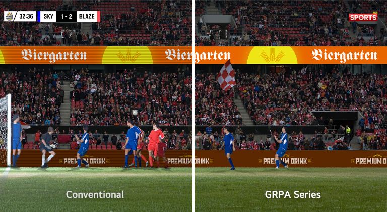 The spectator-side LED displays appear on the soccer broadcast screen, with noticeable flickering on the conventional LED, while the GRPA series shows clear advertisements with minimal flickering.