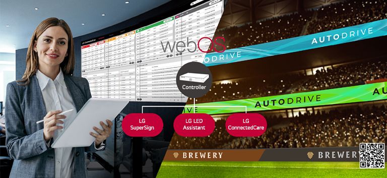 An LG employee is remotely monitoring the GRPA series installed in a different place by using a cloud-based LG monitoring solution. System controller with webOS enables the GRPA series to be compatible with LG software solutions.