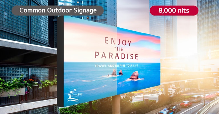 In the strong sunlight, a common outdoor signage screen becomes blurred by light and cannot be seen clearly, while the 8,000 nits LED screen remains clearly visible.