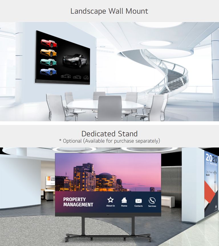 "The LABA series installed on the wall of high-rise space with wall mounted, and installed with the dedicated stand are shown on the two different images. The LABA’s have been installed along with the motorized stand in an event hall."