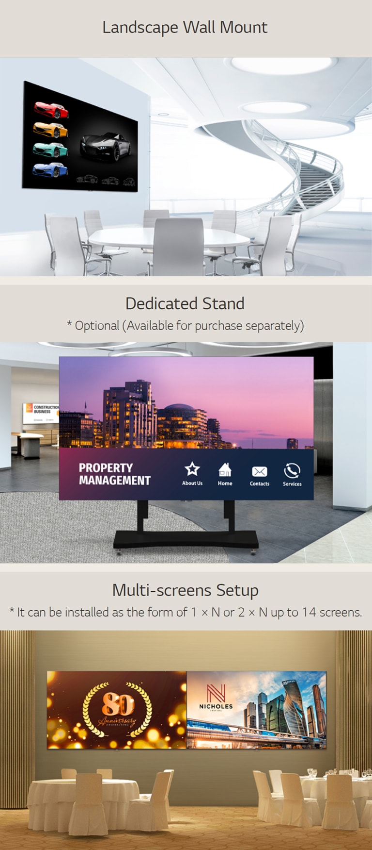 "The LAEC installed on the wall with wall mounted. The LAEC’s have been installed along with the optional dedicated stand in an event hall. Two LAECs are installed on a hotel's ballroom walls side by side"