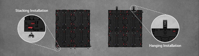 The part where the cabinet can be installed either as stacking or hanging is enlarged and shown.