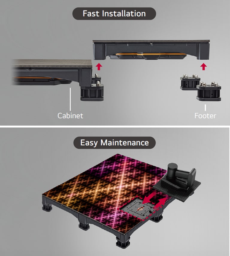 It is easy to install LFCM by simply fixing the cabinet with the footer, and the magnets attached to the LED module allow for easy maintenance with the screen on.