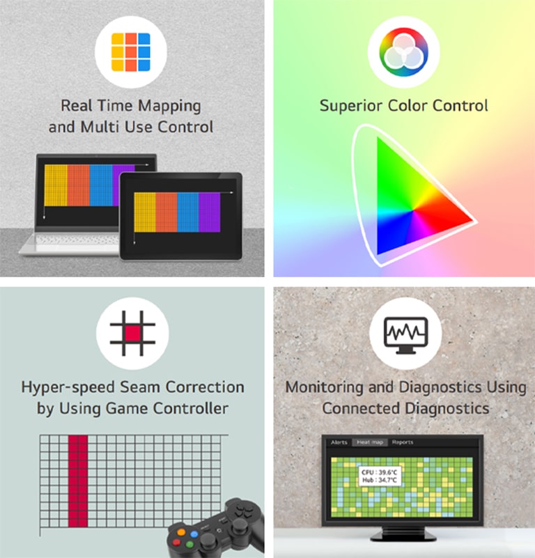 The Megapixel VR HELIOS LED processing platform provides access to the features such as Real-Time Mapping and Multi-Use Control, Superior Color Control, Hyper-Speed Seam Correction using a Game Controller, and Monitoring and Diagnostics using Connected Diagnostics.
