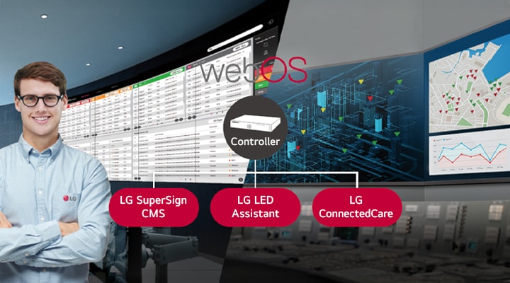 The LG employee is remotely monitoring the LMEA series installed in a different place by using a cloud-based LG monitoring solution. System controller with webOS enables the LMEA series to be compatible with LG software solutions.