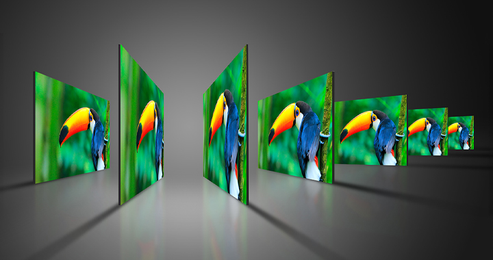 The same scene is being displayed on multiple screens set up at different angles, and each screen shows the same exact scene with accurate and consistent colors and no angle distortion.