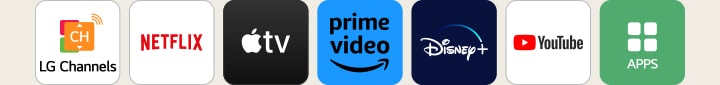 LG Channerls, Netflix, Apple TV, Prime Video, Disney Plus, Youtube, Apps