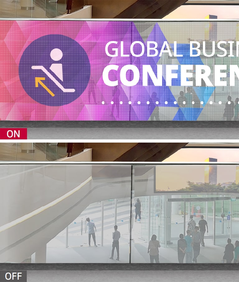 LG Transparent LED film shows information when the power is turned on, and reflects the background behind the product when the power is turned off.