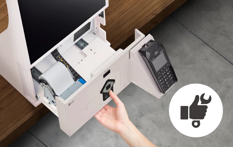 The built-in drawer at the kiosk’s bottom has a receipt printer and a card reader, which can be managed by opening the drawer.