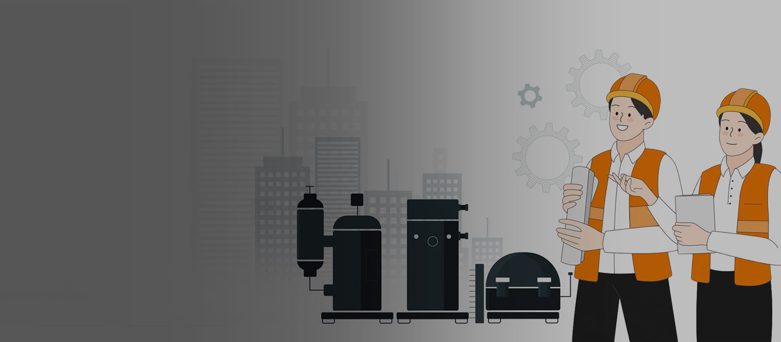 A dark image of compressors and engineers