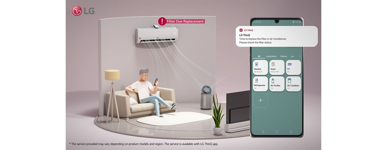 A person sitting in a living room with controlling the air conditioner and air purifier with his phone.