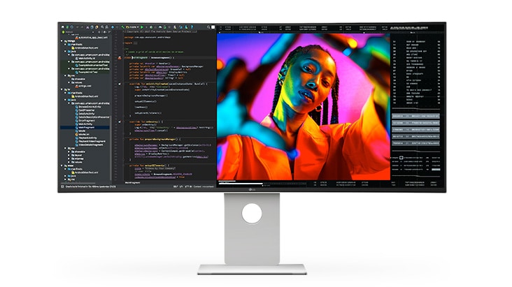 LG UltraFine monitor featuring VESA DisplayHDR 600, displaying vibrant colors and deep contrast through a portrait image and coding interface.	